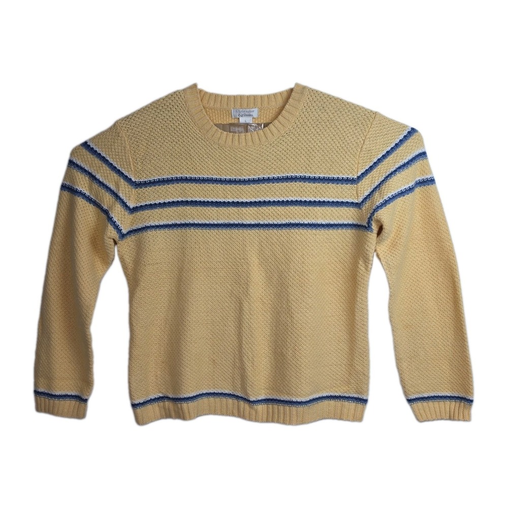Christopher & Banks Pullover Sweater Women's L Yellow w/ Blue Stripes Crew Neck